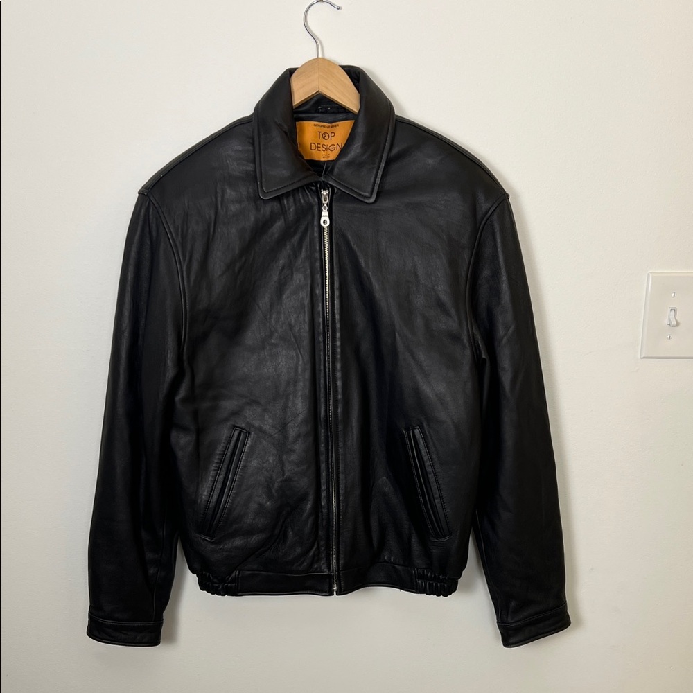 Vintage Italian Leather Jacket Black Zip Up Minimalist Top Design Thinsulate